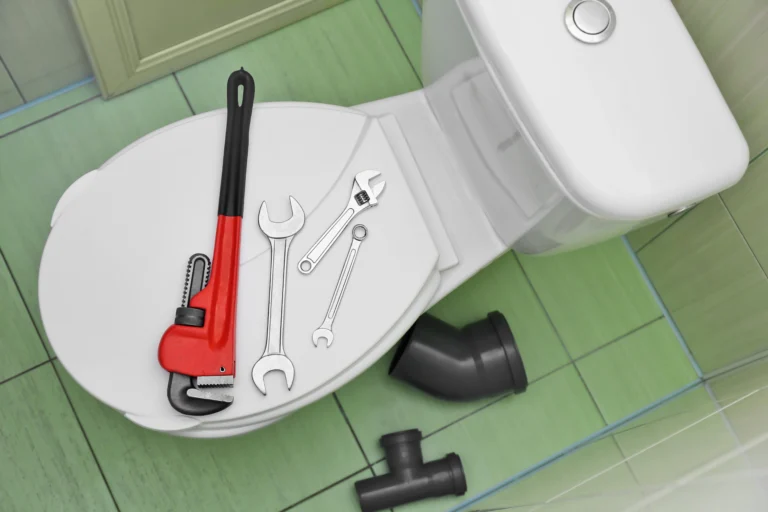 a toilet with a wrench and a pipe